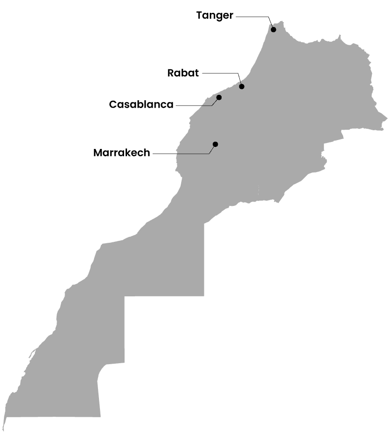 Map of Morocco with office locations: Tanger, Rabat, Casablanca, Marrakech