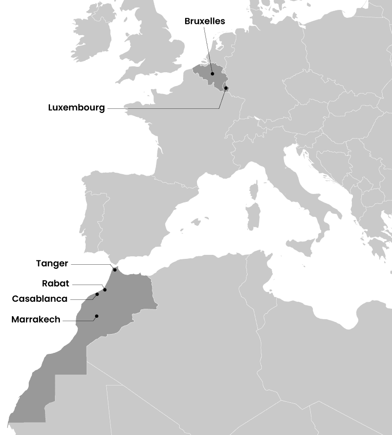 Map of Morocco with office locations: Tanger, Rabat, Casablanca, Marrakech